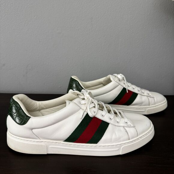 Gucci Ace White Leather Low Top Sneakers Green Red Web Croc Heel Size 11 US 12